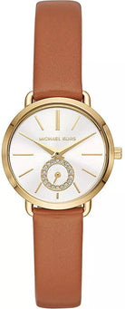 Michael Kors Portia MK2734 women's white dial brown leather watch front view