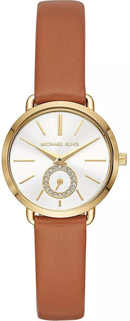 Michael Kors Portia MK2734 women's white dial brown leather watch front view