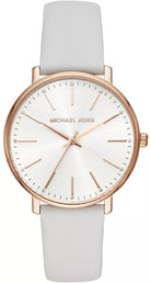 Michael Kors Pyper MK2800 women's silver dial white leather watch front view