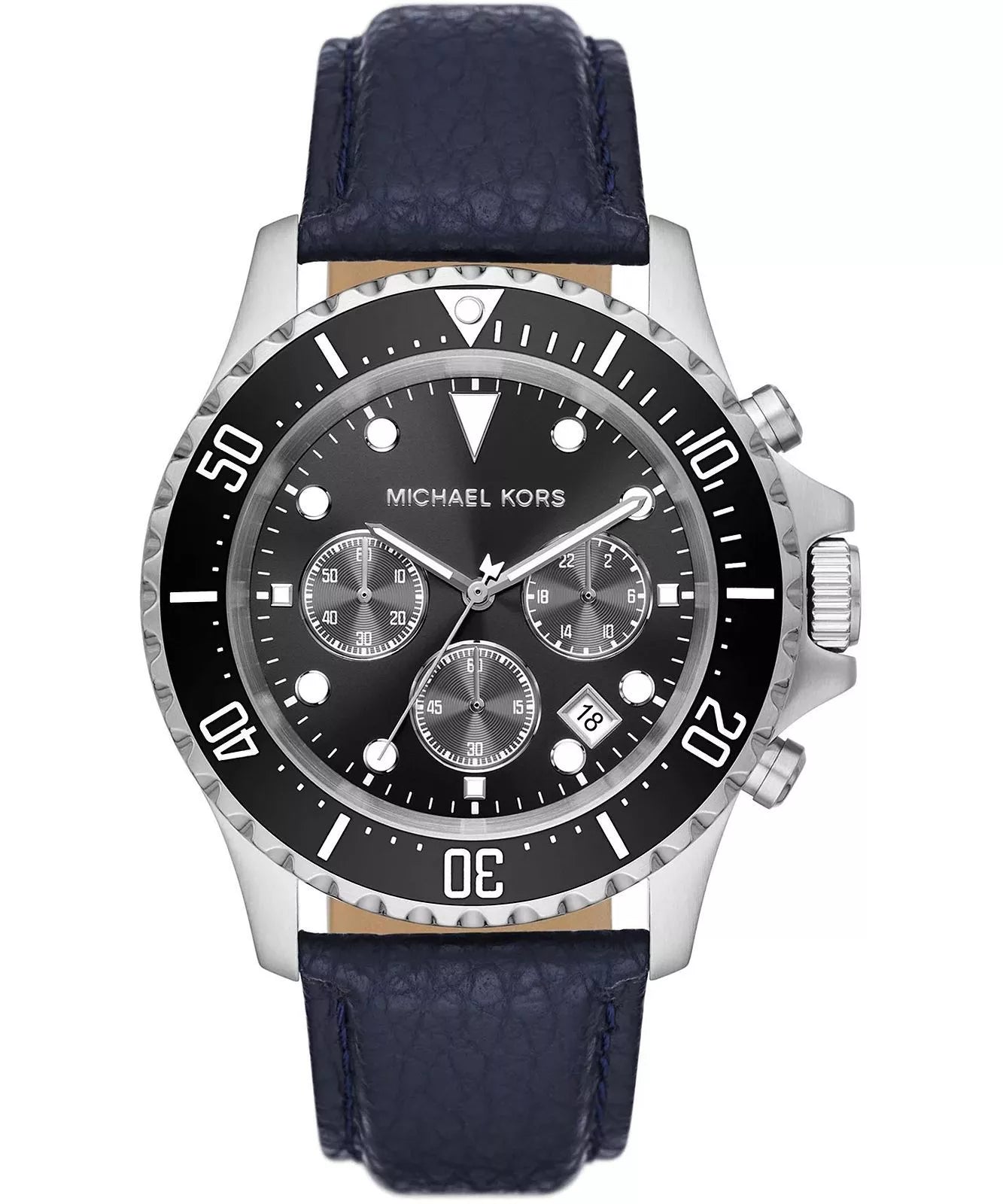 Michael Kors Everest MK9091 men's black dial blue leather chronograph watch front view