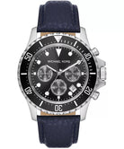 Michael Kors Everest MK9091 men's black dial blue leather chronograph watch front view