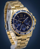 Close-up of Michael Kors MK6971 blue chronograph dial with crystal bezel