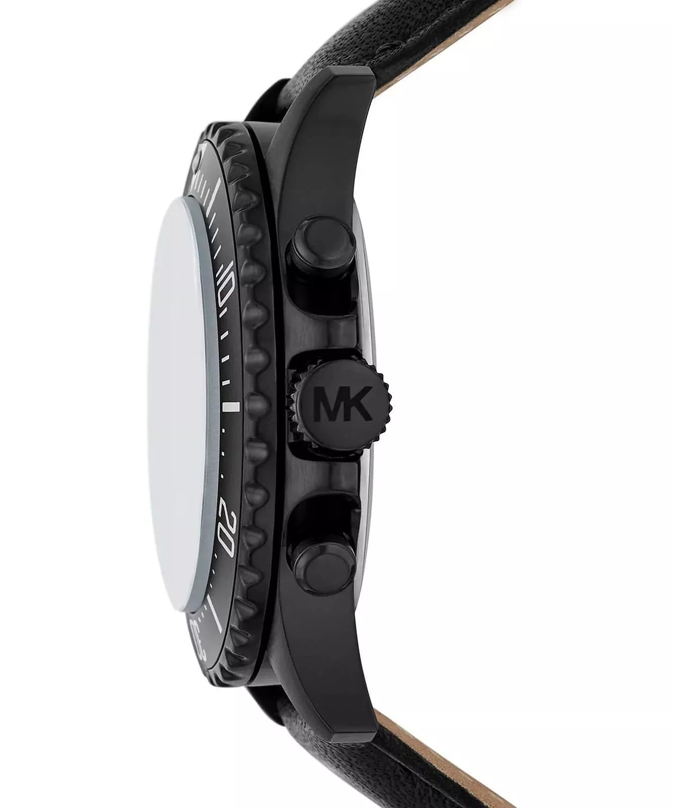 Side profile of Michael Kors Everett MK9053 stainless steel leather strap men's watch