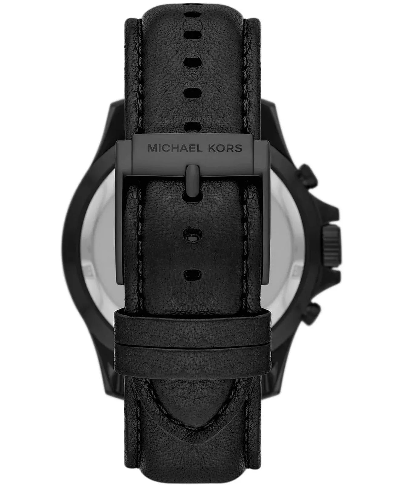 Back case of Michael Kors MK9053 quartz chronograph black leather wristwatch