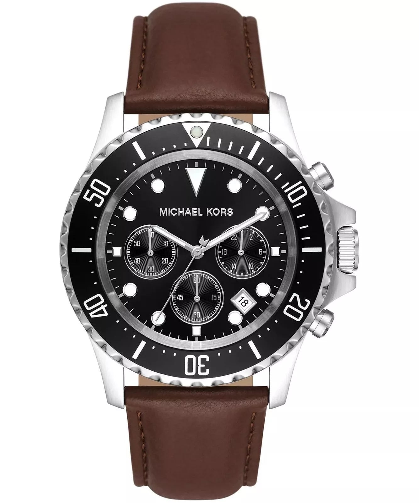 Michael Kors Everett MK9054 men's black dial brown leather chronograph watch front view