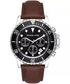 Michael Kors Everett MK9054 men's black dial brown leather chronograph watch front view