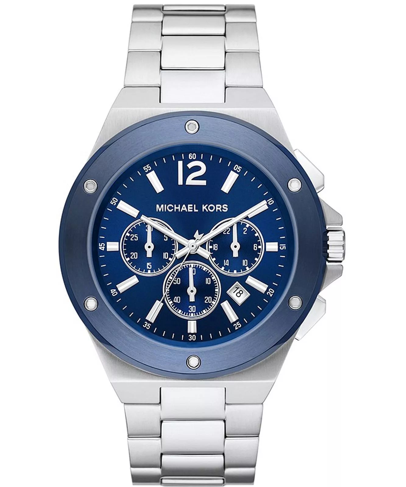 Michael Kors Lennox MK8938 men's blue dial stainless steel chronograph watch front view