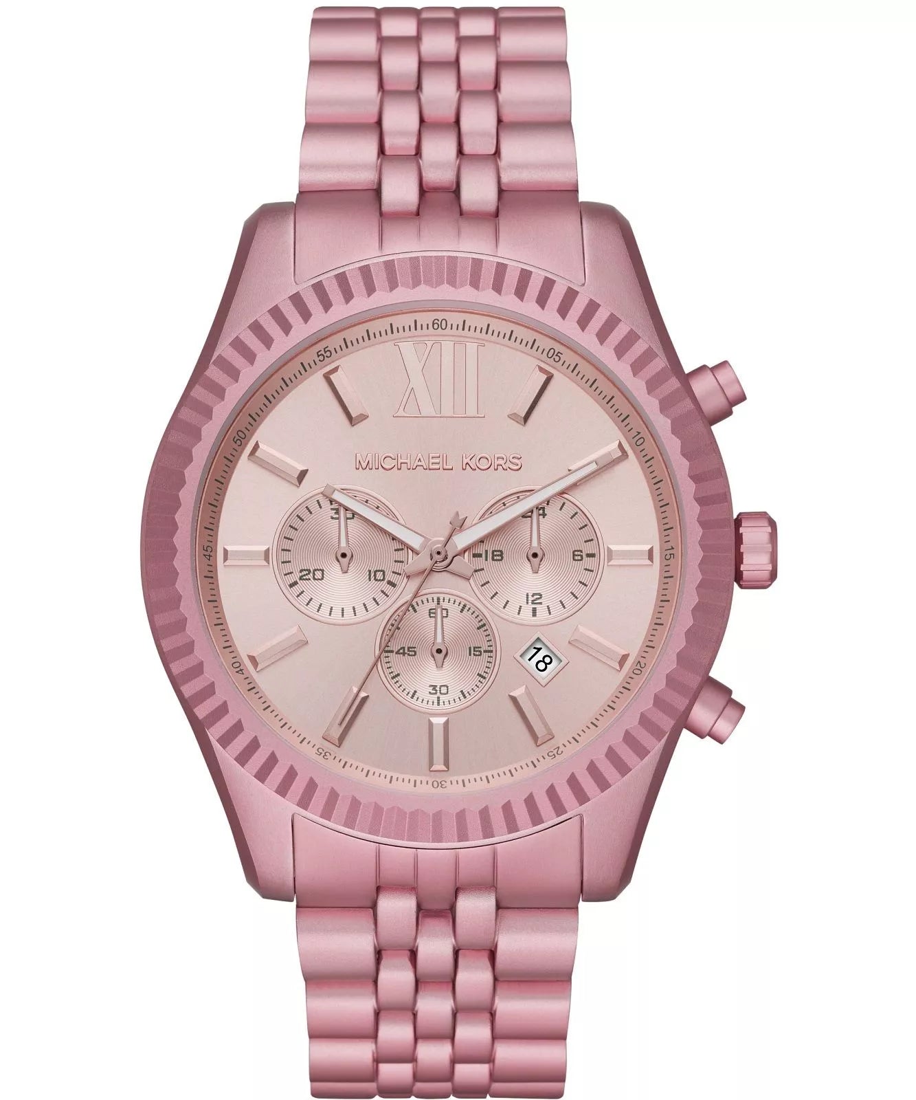 Michael Kors Lexington MK8792 men's rose dial pink aluminum chronograph watch front view