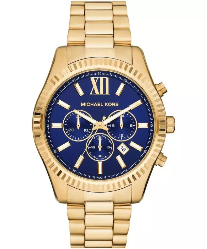 Michael Kors Lexington MK9153 men's blue dial gold stainless steel chronograph watch front view