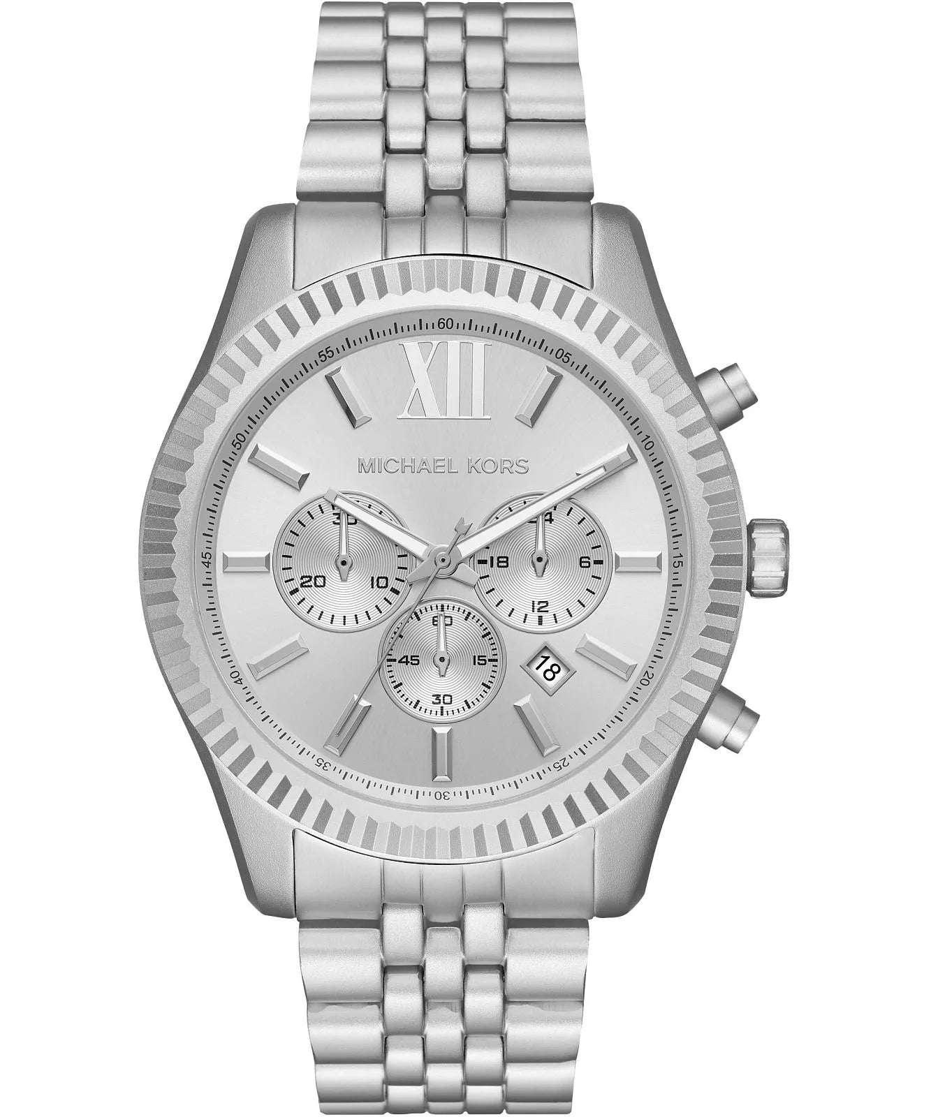 Michael Kors Lexington MK8789 men's silver dial silver aluminum chronograph watch front view