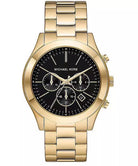 Side profile of Michael Kors Slim Runway MK1076 gold-tone stainless steel bracelet watch
