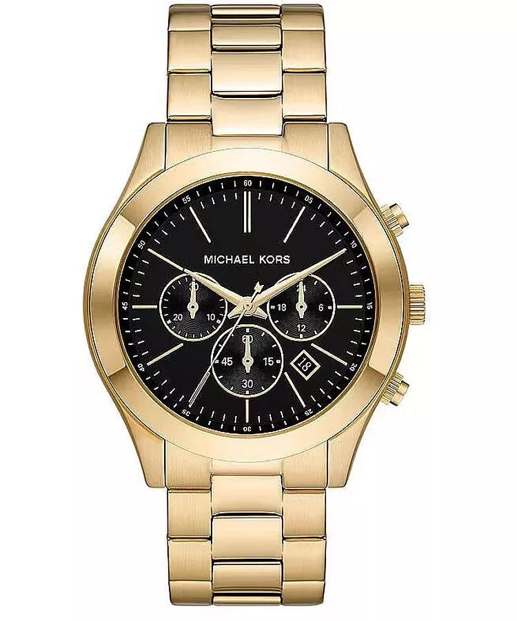 Side profile of Michael Kors Slim Runway MK1076 gold-tone stainless steel bracelet watch