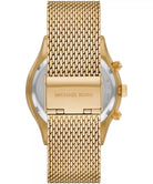 Back case of Michael Kors MK9057 quartz chronograph gold mesh wristwatch