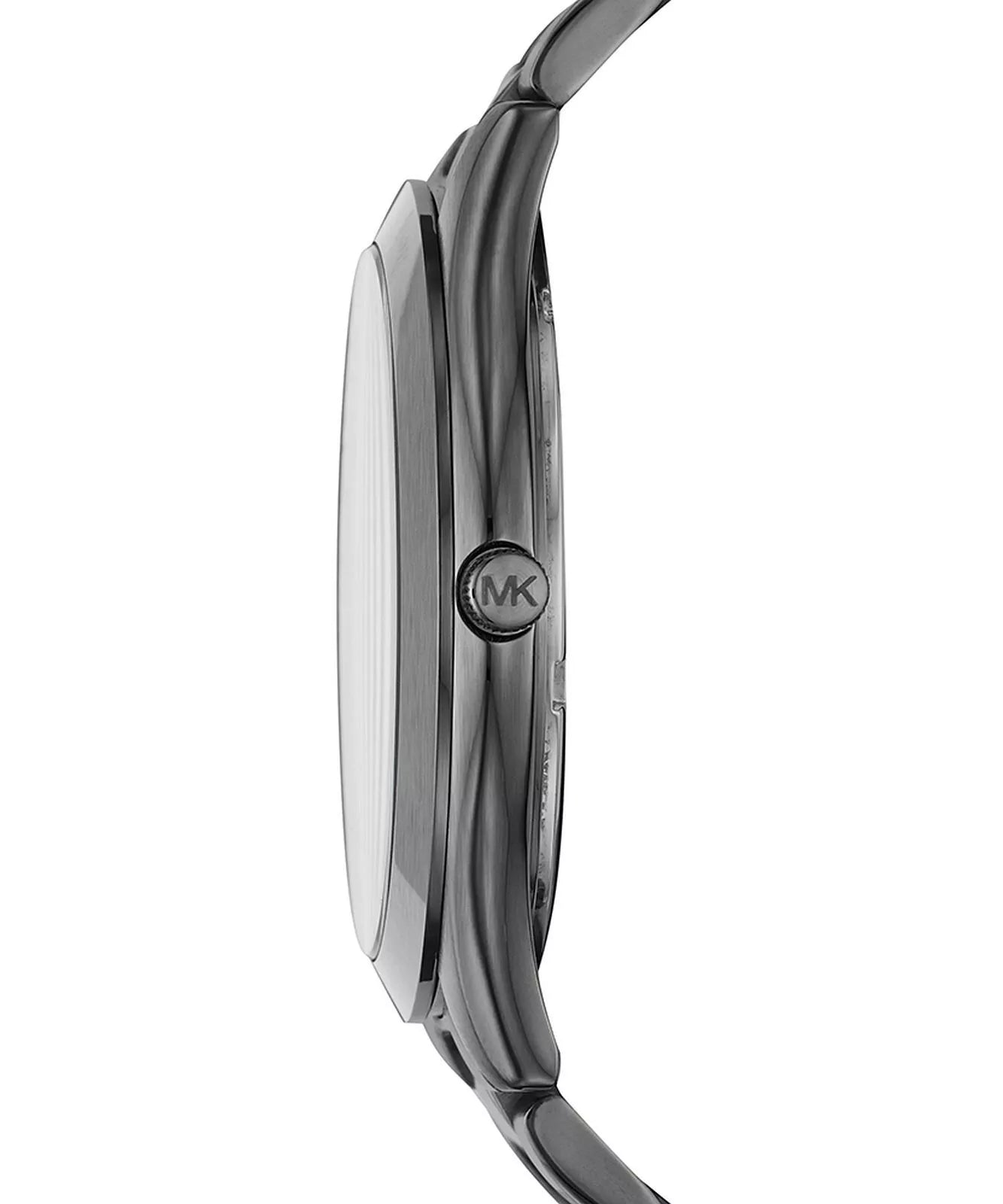 Side profile of Michael Kors Slim Runway MK1044 gunmetal stainless steel bracelet watch