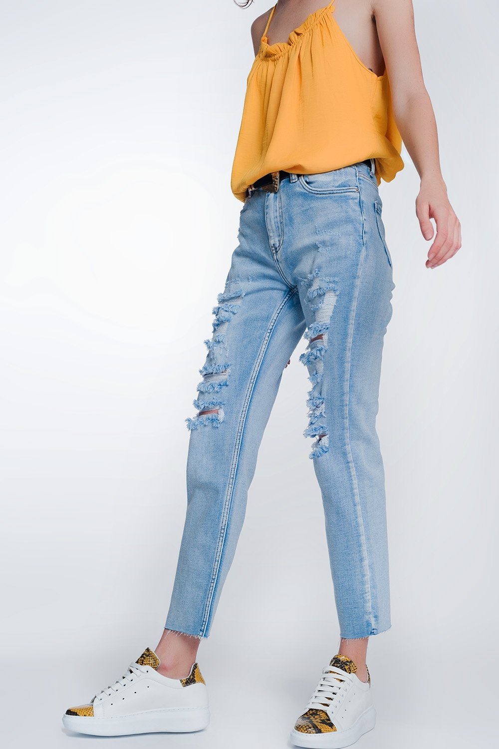 Wide Leg Cropped Raw Hem Jeans in Light Blue