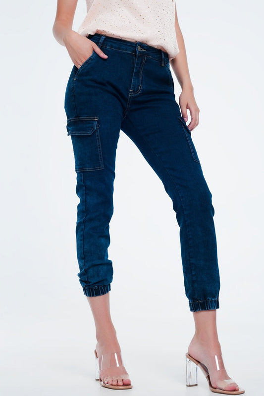 Q2 Jeans in Navy With Cargo Pockets