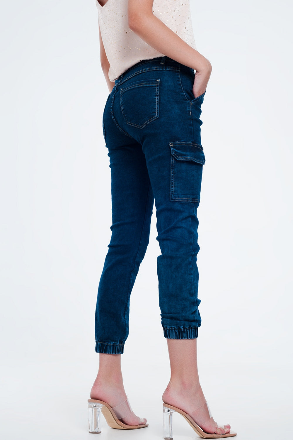 Q2 Jeans in Navy With Cargo Pockets