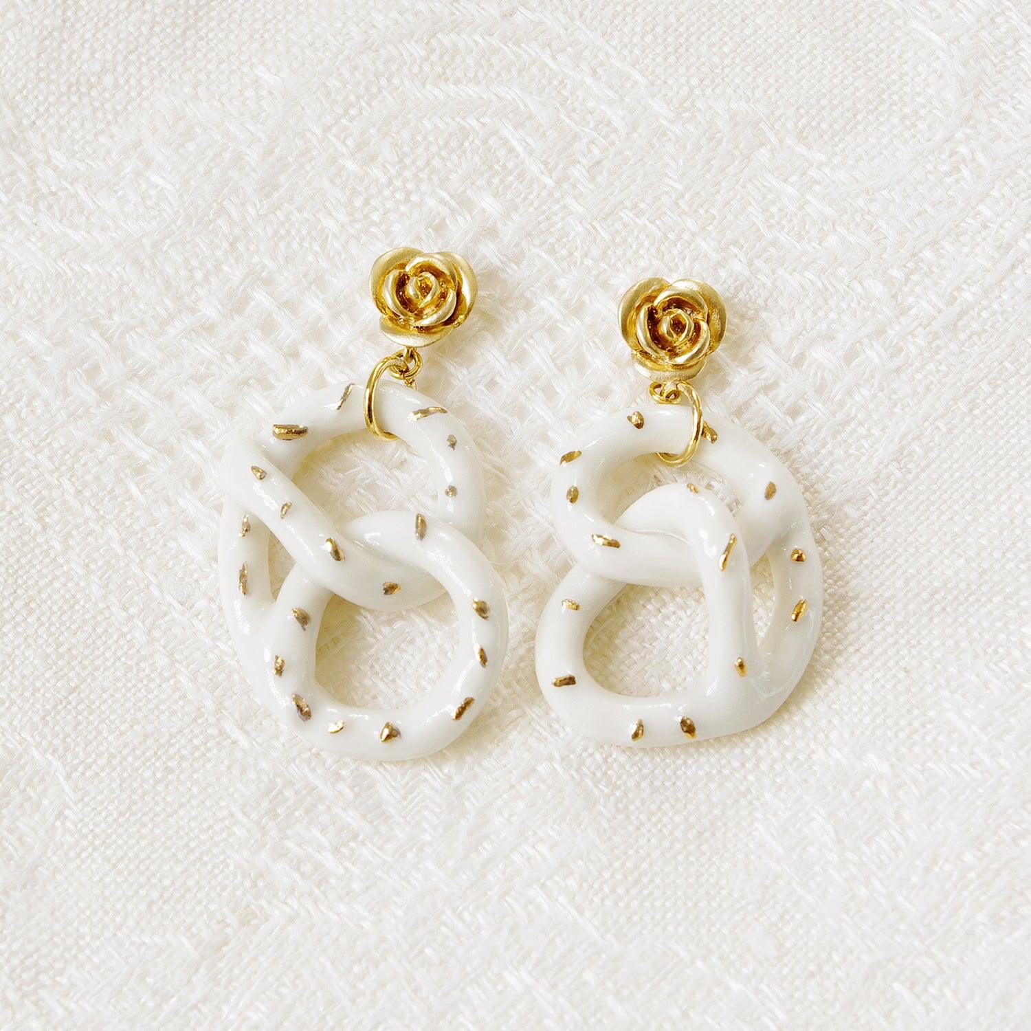 Golden Rose and Salted Porcelain Pretzel Earrings - Luxverse