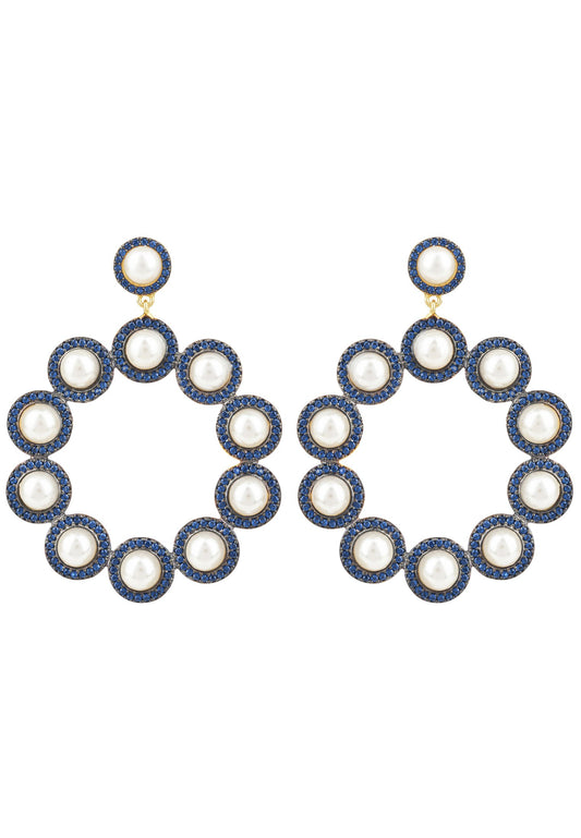 The Gatsby Pearl Earrings Sapphire Blue CZ Gold