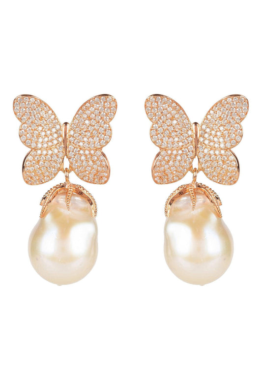 Baroque Pearl White Butterfly Earring Rosegold - Luxverse