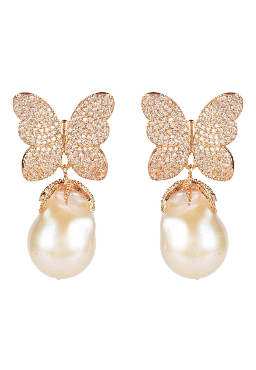 Baroque Pearl White Butterfly Earring Rosegold - Luxverse