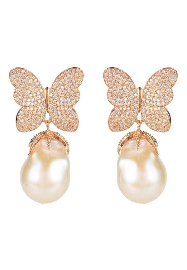 Baroque Pearl White Butterfly Earring Rosegold - Luxverse