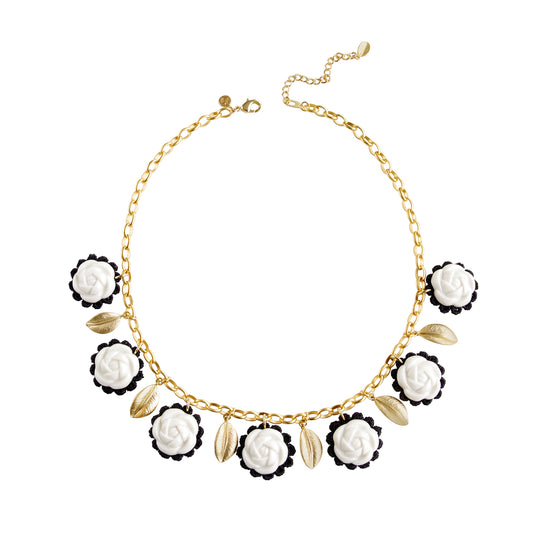 Porcelain Camellias and Golden Leaves Necklace