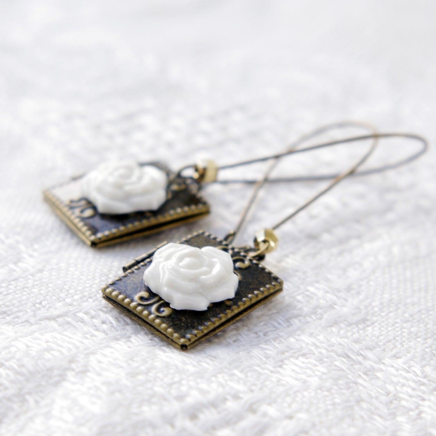 Classic Porcelain Rose on Vintage Book Locket Earrings - Luxverse