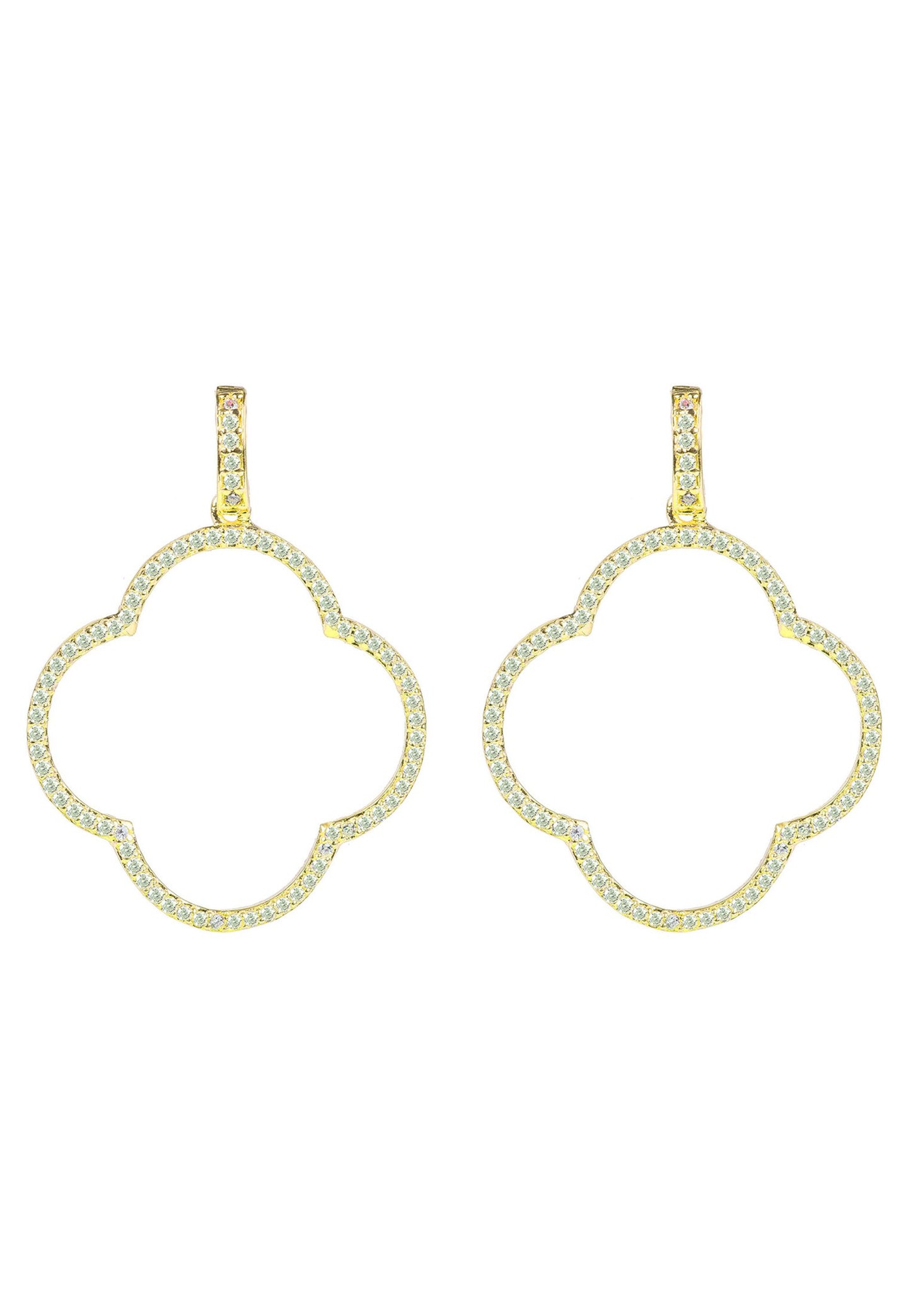 Open Clover Large Drop Earrings White CZ Gold