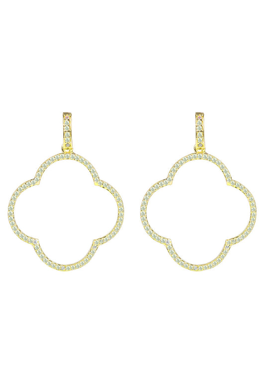 Open Clover Large Drop Earrings White CZ Gold