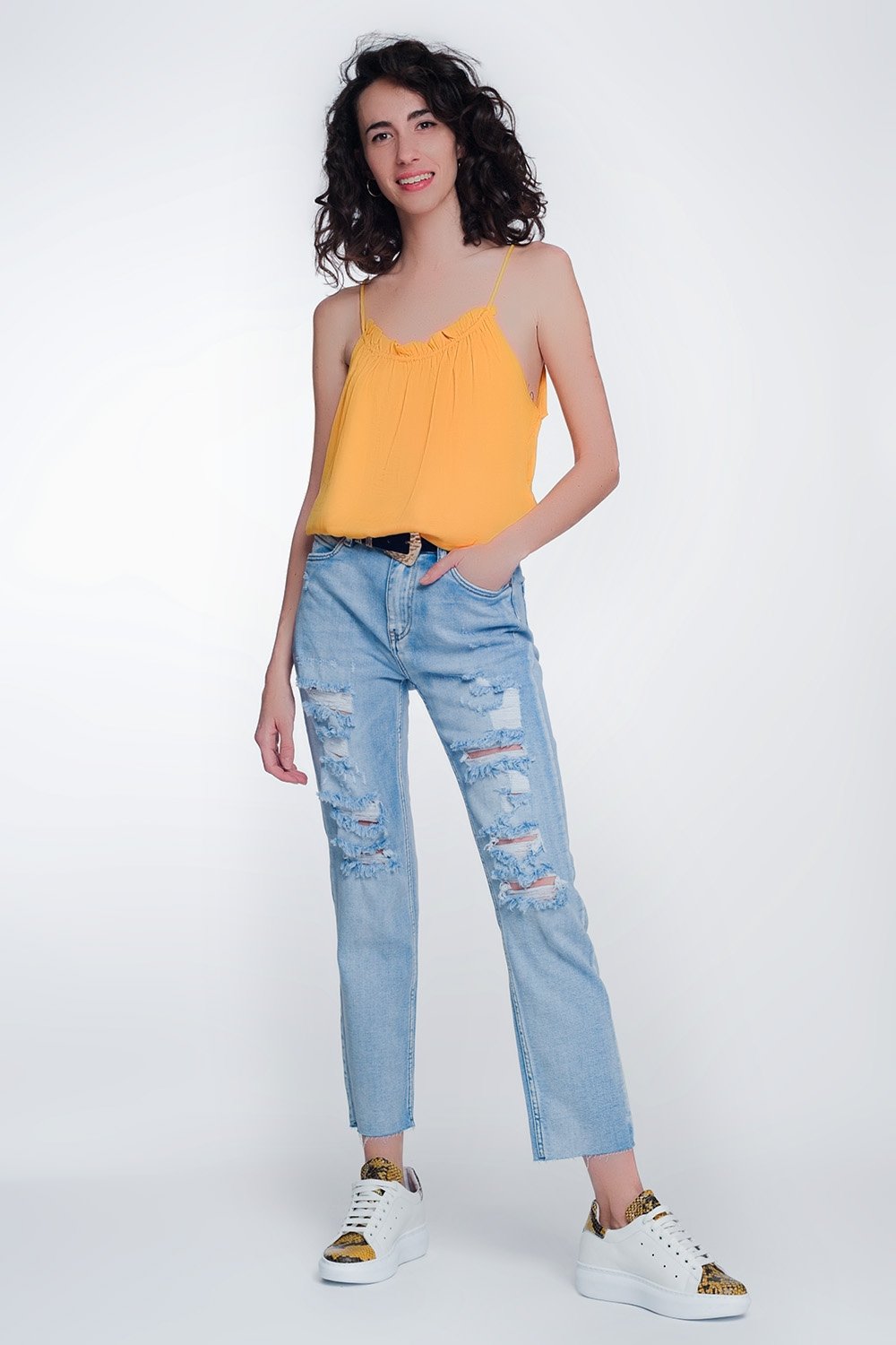 Wide Leg Cropped Raw Hem Jeans in Light Blue