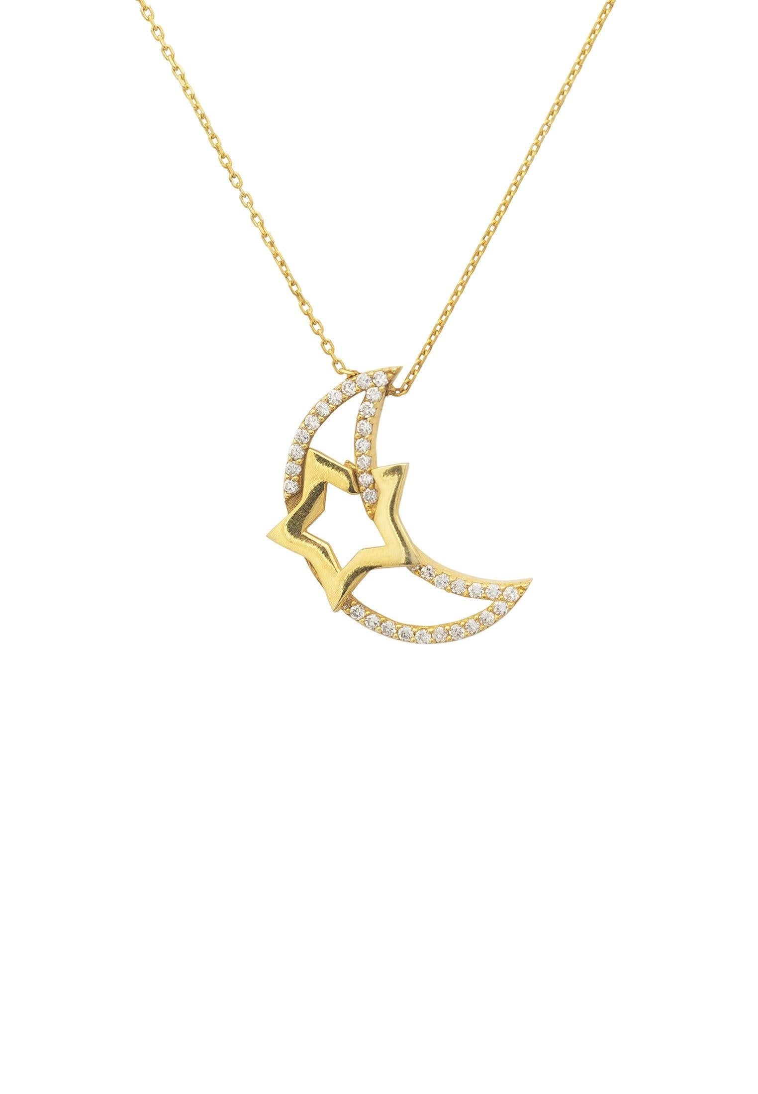 Crescent Moon & Star Pendant Necklace Gold - Luxverse