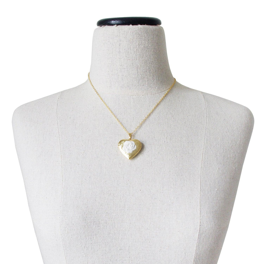 Classic Heart Locket With Porcelain Rose Pendant Necklace - Luxverse