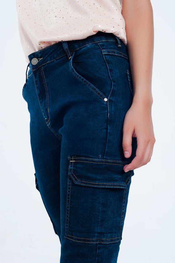 Q2 Jeans in Navy With Cargo Pockets