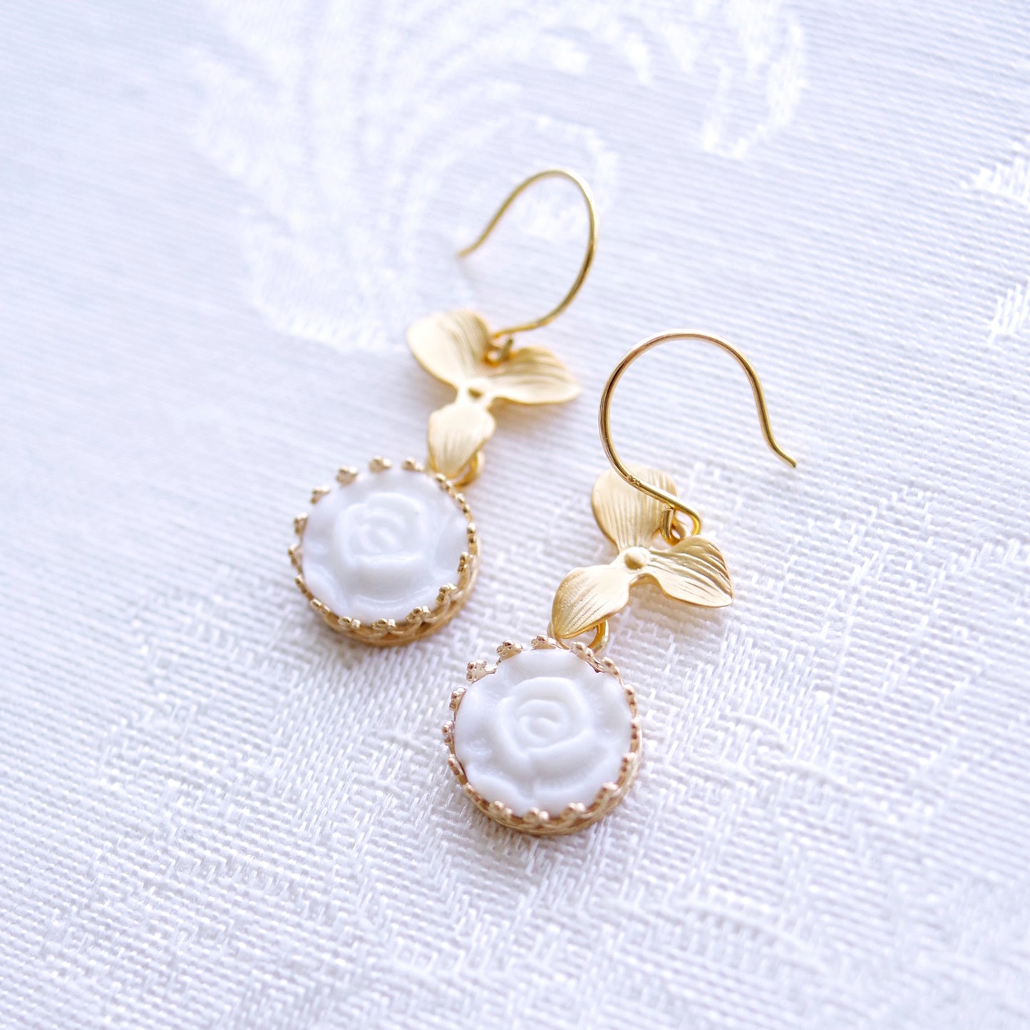 Mini Porcelain Moonlight Rose Drop Earrings