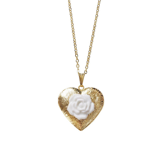Classic Heart Locket With Porcelain Rose Pendant Necklace - Luxverse