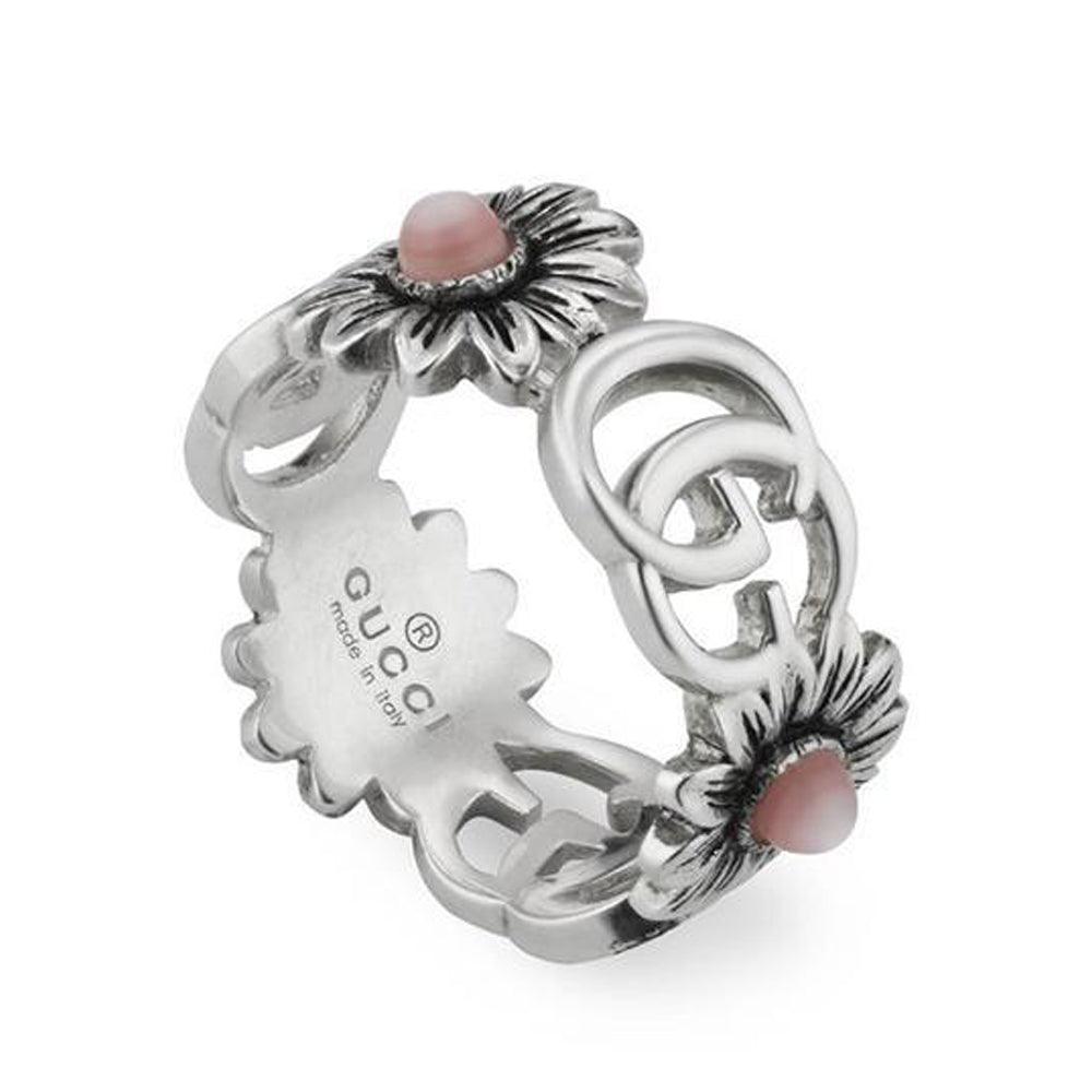 GUCCI Silver GG Marmont Pink Mother Of Pearl Floral Ring Size 6.5 YBC527394002013 - Luxverse