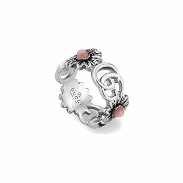 GUCCI Silver GG Marmont Pink Mother Of Pearl Floral Ring Size 6 YBC527394002012 - Luxverse
