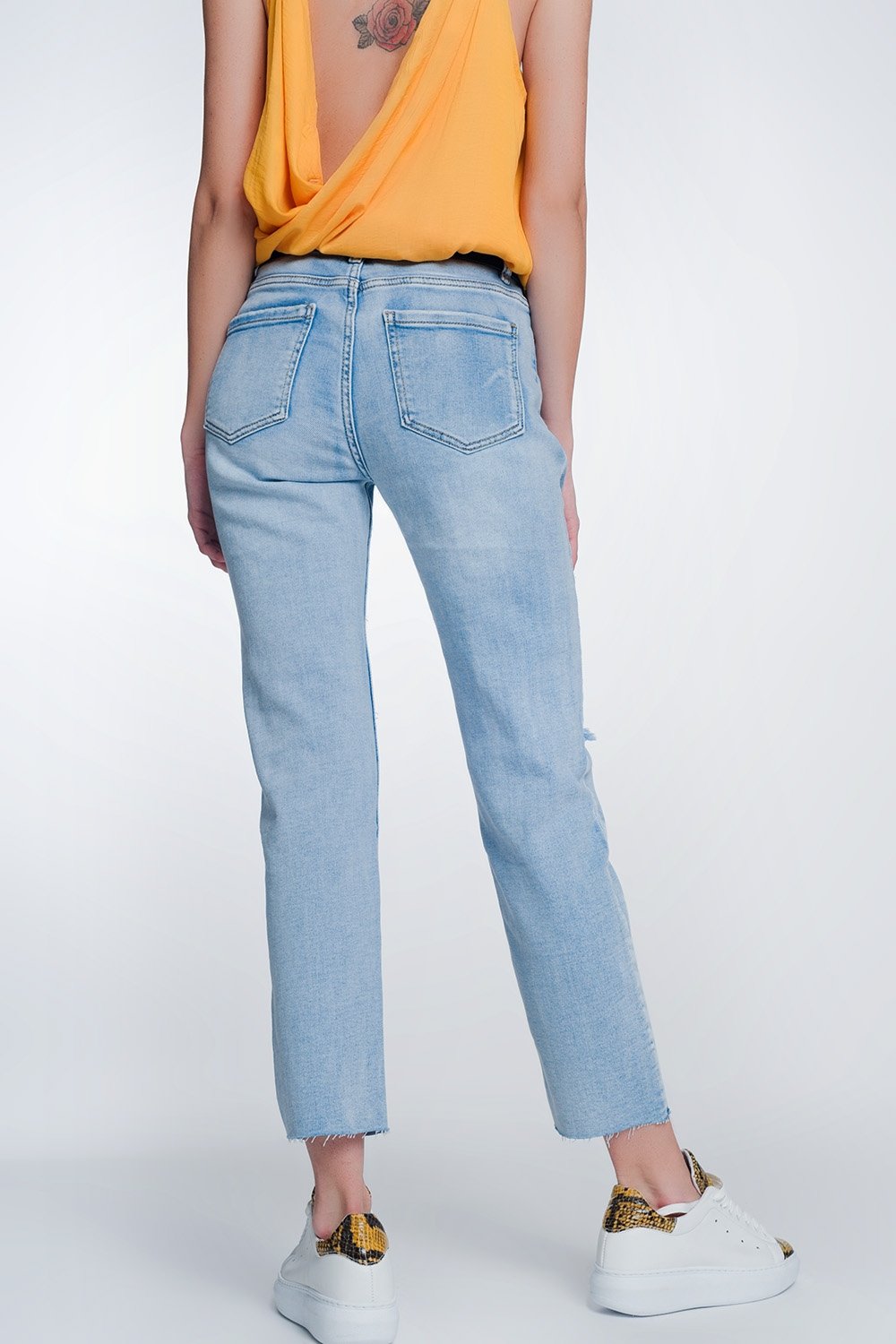 Wide Leg Cropped Raw Hem Jeans in Light Blue