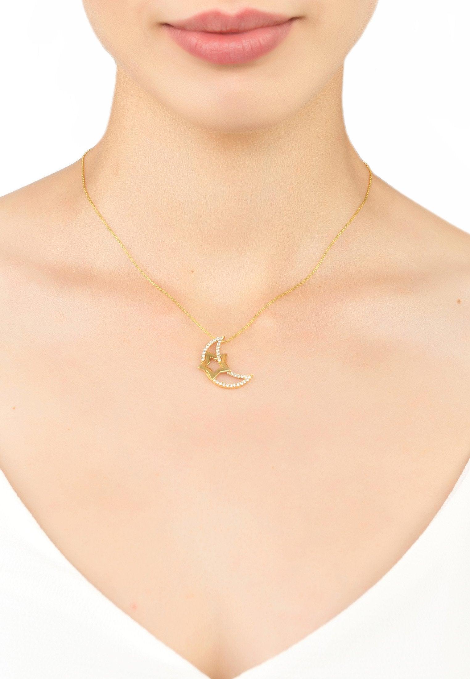 Crescent Moon & Star Pendant Necklace Gold - Luxverse