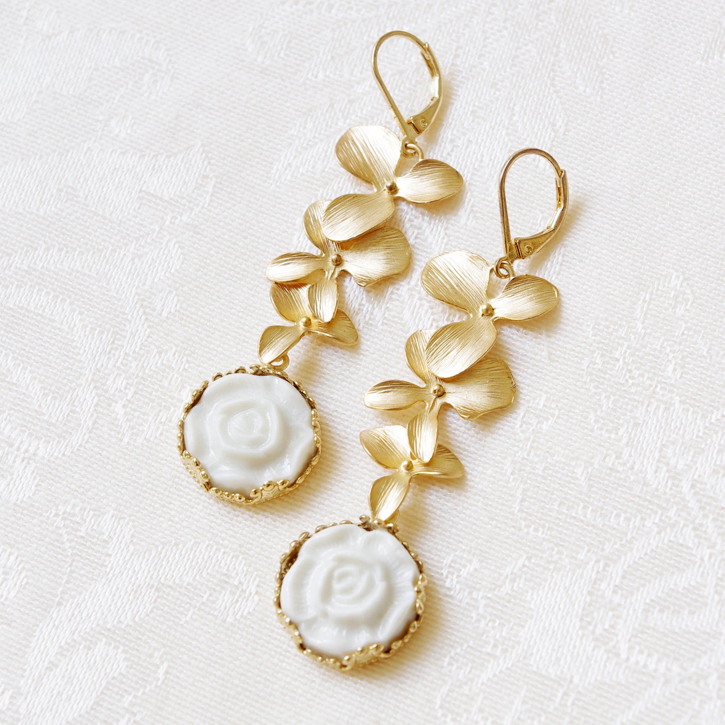 Porcelain Moonlight Rose and Triple Leaves Drop Earrings