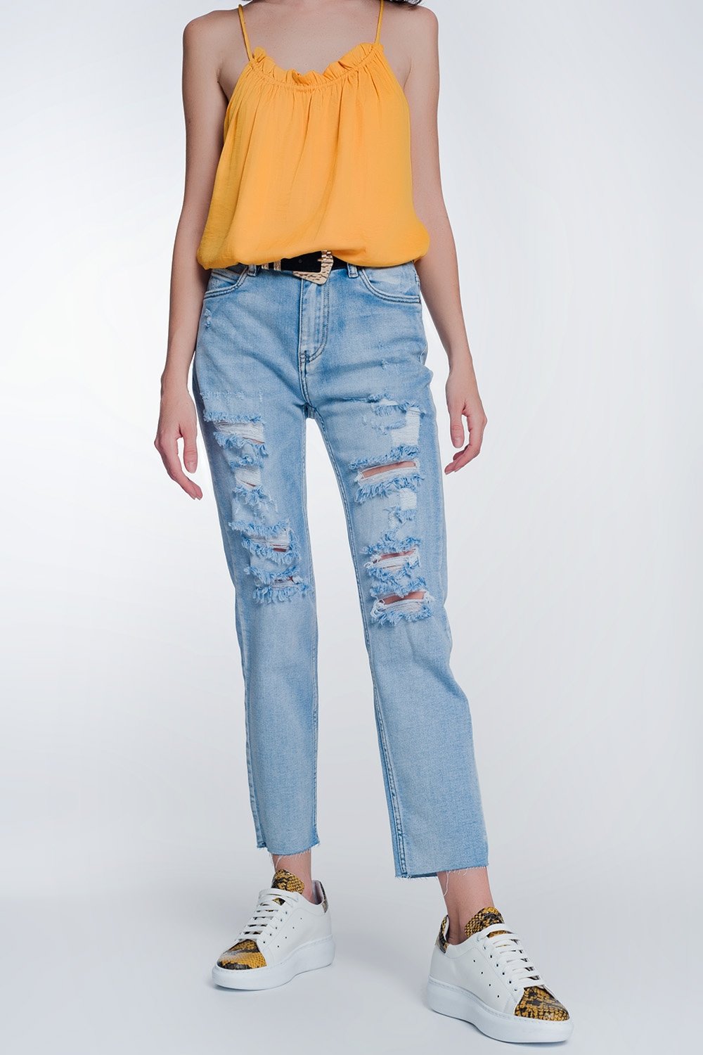 Wide Leg Cropped Raw Hem Jeans in Light Blue