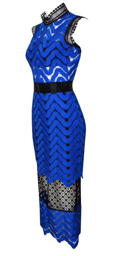 Blue High Collar Day Dress - Luxverse