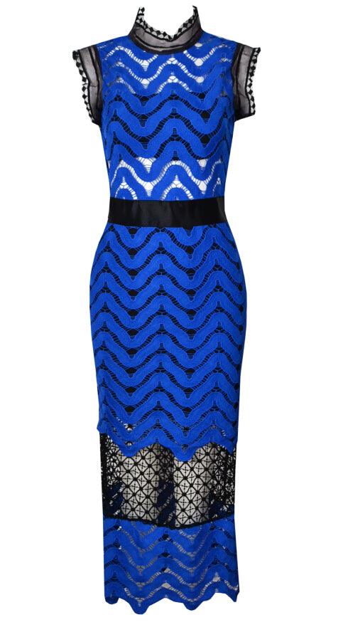 Blue High Collar Day Dress - Luxverse